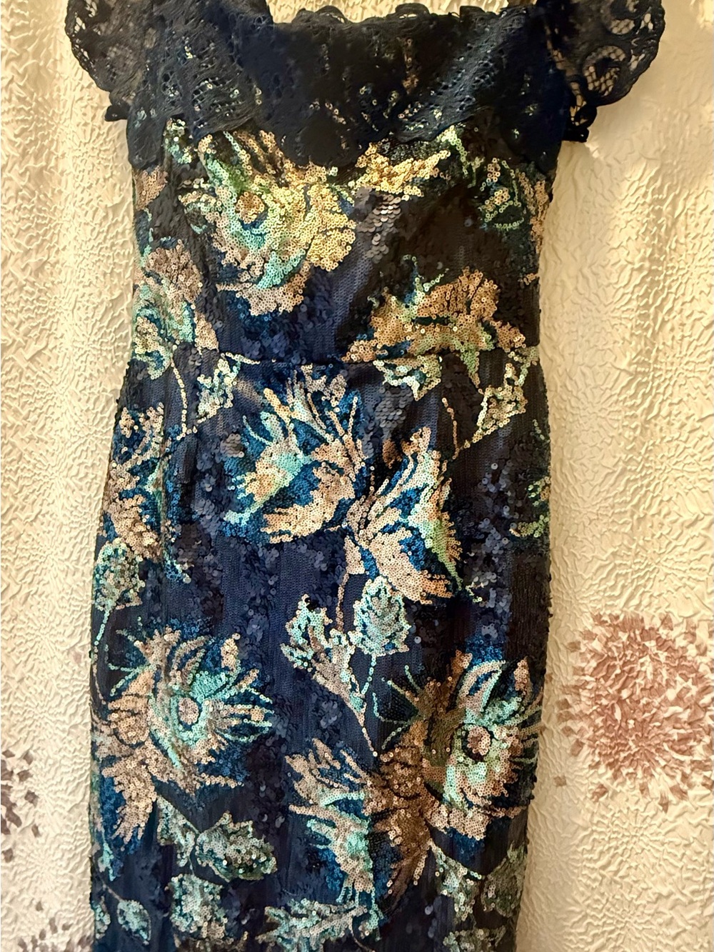 NWT Marchesa Notte Off-The-Shoulder Floral Sequin Lace Midi Dress Size 16